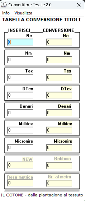 Screenshot Convertitore Tessile