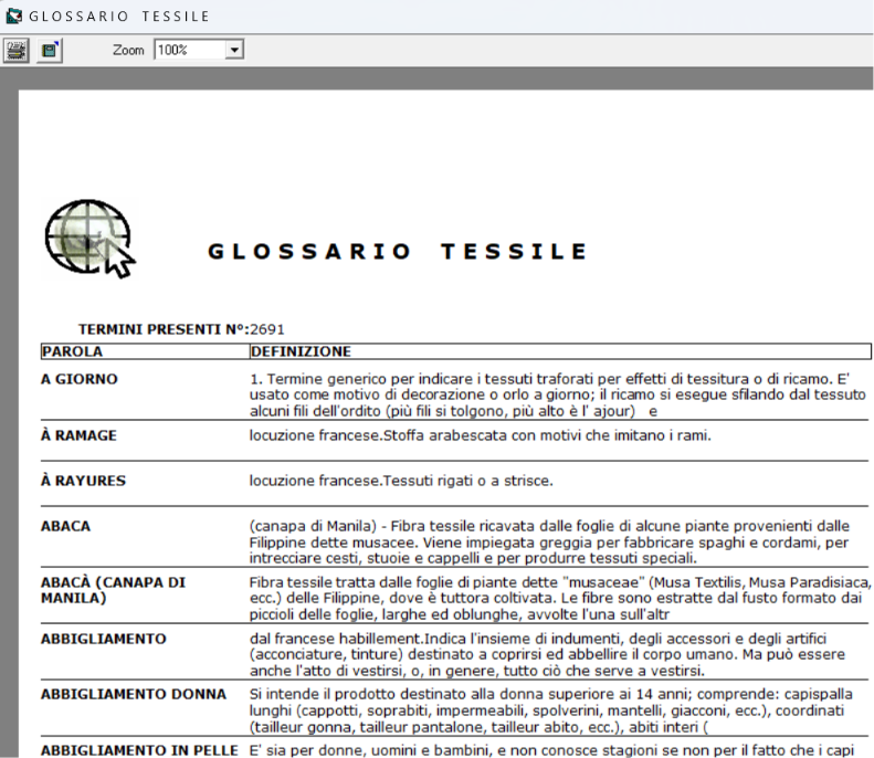 Screenshot Glossario Tessile