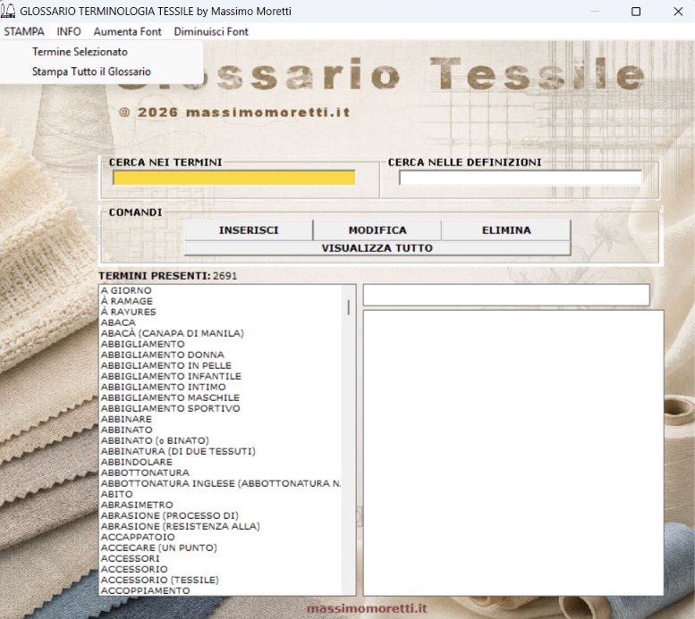 Screenshot Glossario Tessile
