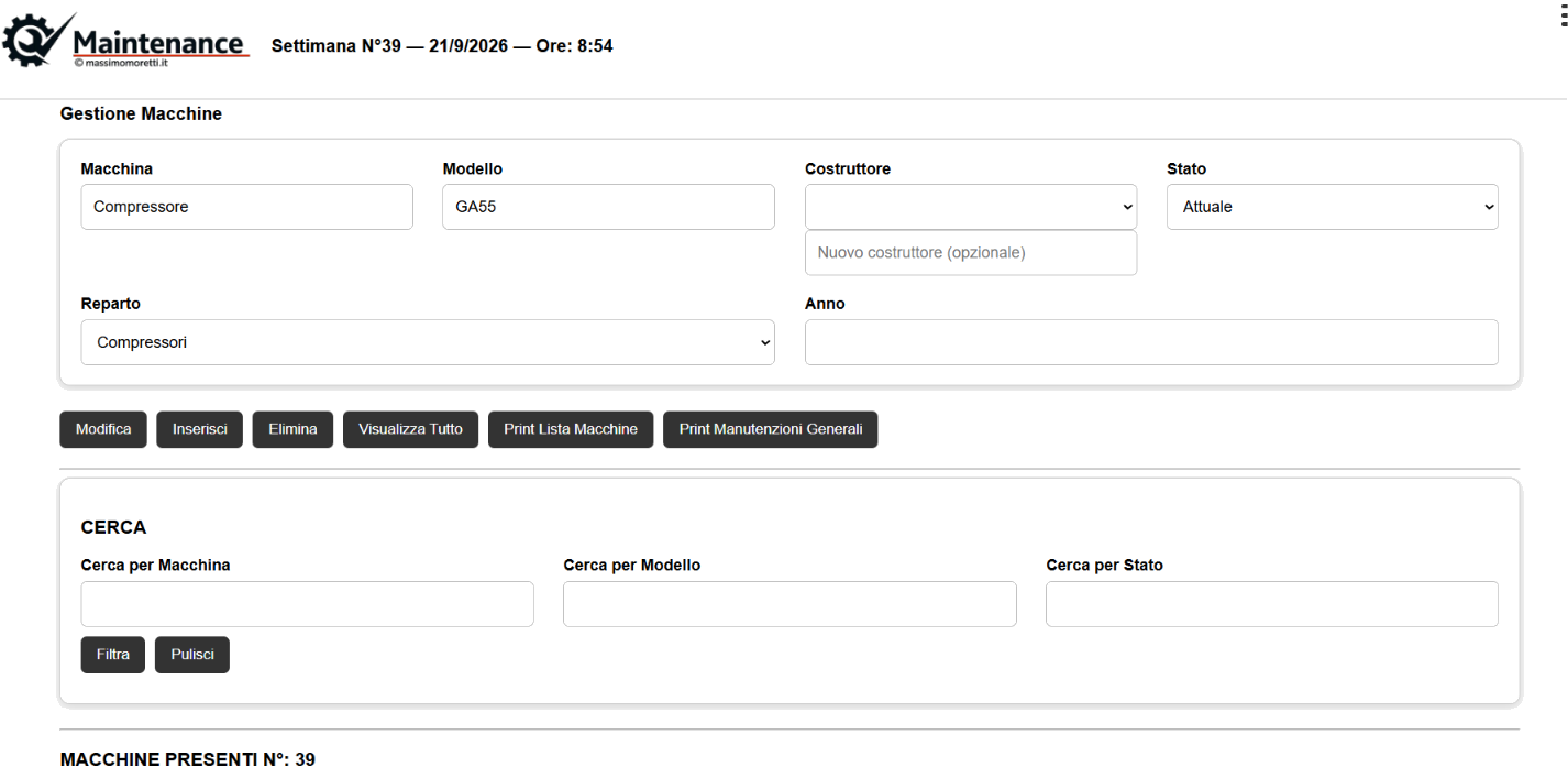 Anagrafica macchine: modello, numerazione e reparto di appartenenza